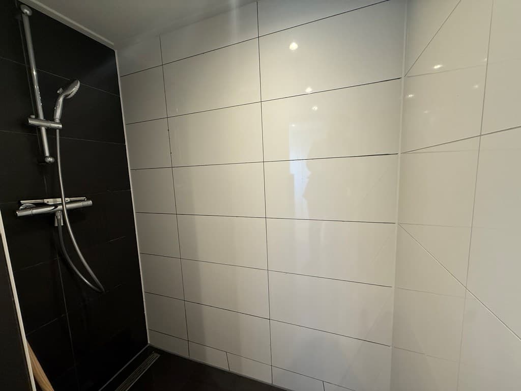 Moderne douche met witte en zwarte tegels, een handdouche en wandpaneel, zonder zichtbaar douchegordijn of deur.