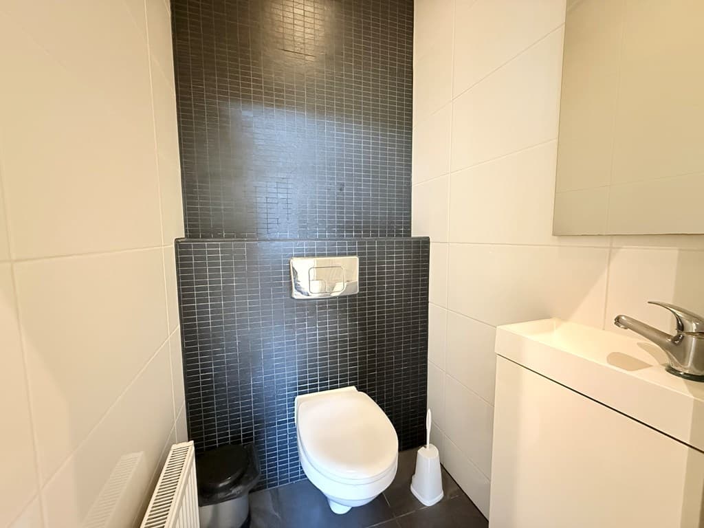 Modern toilet met zwarte wandbetegeling, witte wc en bijpassende wastafel zonder opsmuk