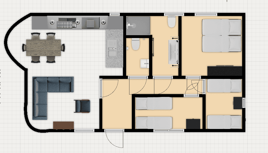 Plattegrond van een vakantiewoning met twee slaapkamers, een woonkamer, keuken en badkamer.