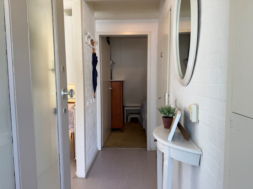 Entree van de bungalow met een wandspiegel, kapstok en deur naar een bijruimte met een kast en vloerbedekking