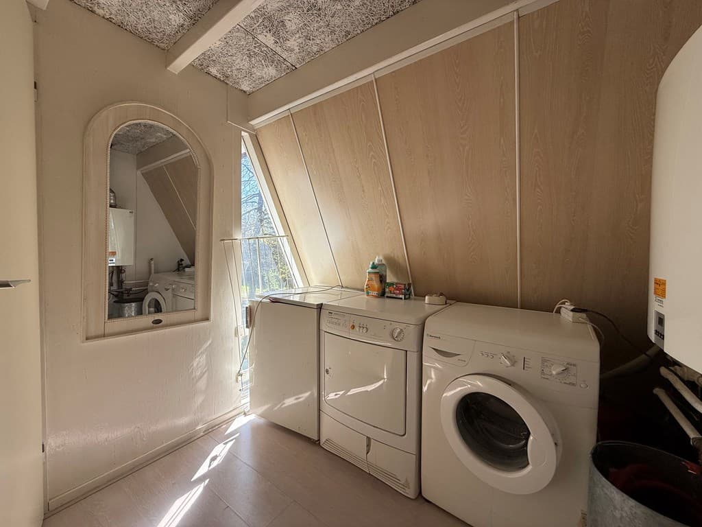Hoek van een ruimte met wasmachine en droger, grote ramen zorgen voor lichtinval en uitzicht op buitenlucht