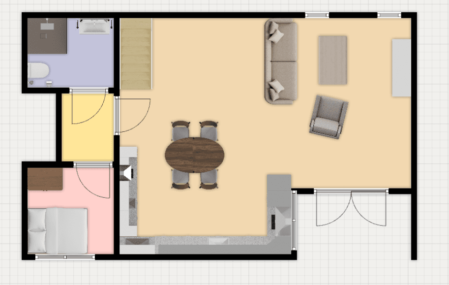 Plattegrond van een bungalow met een woonkamer, eetkamertafel, keuken en twee slaapkamers, inclusief een badkamer en toilet