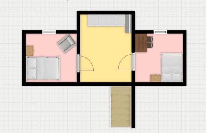 Plattegrond van een bungalow met twee slaapkamers, woonkamer en keukenruimte in het midden.