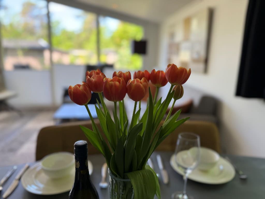 Tafel gedekt met borden en glazen, in het midden een vaas met rode tulpen en een zicht op een lichte woonkamer.