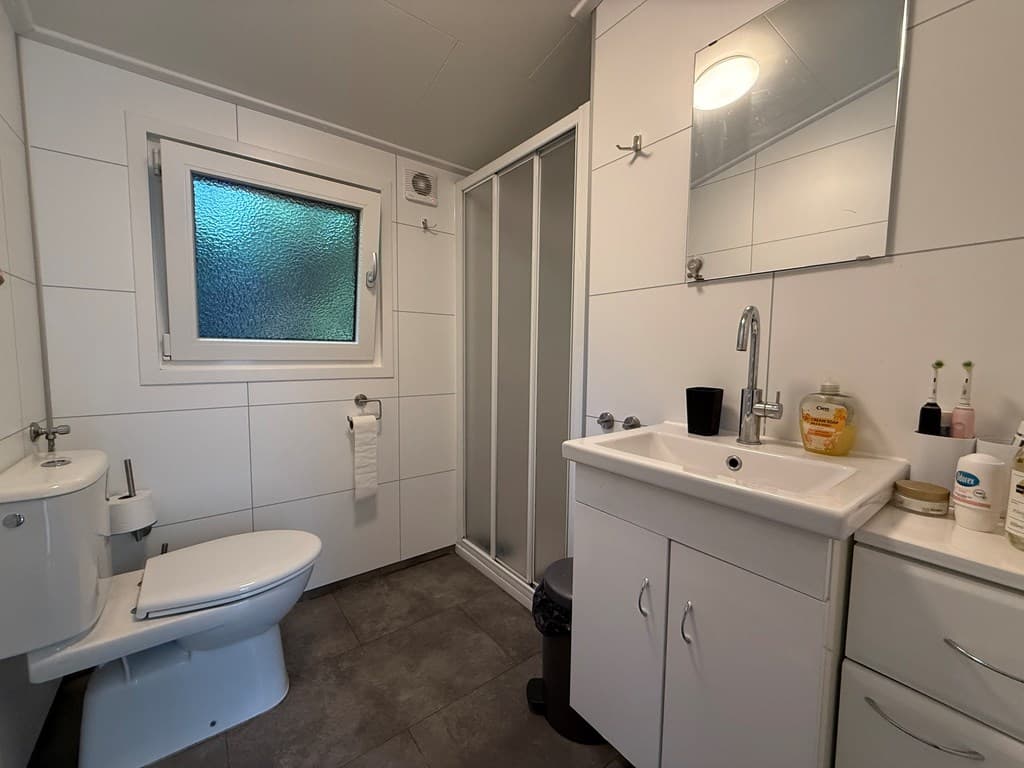 Badkamer met douchecabine, wastafel met spiegel, toilet en een raam met glas-in-lood. Tegels op de vloer en wanden.
