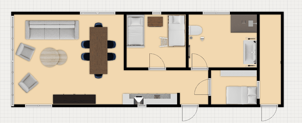 Plattegrond van een woning met een woonkamer, eetkamer en twee slaapkamers, inclusief sanitair en meubels.