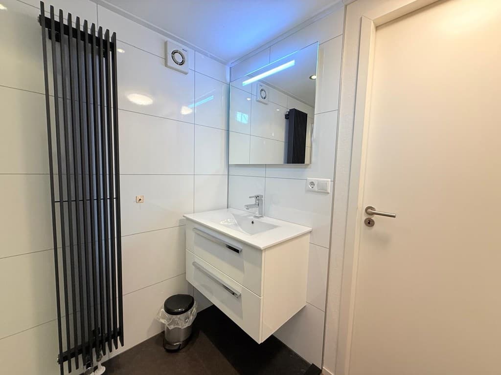 Moderne badkamer met witte tegelwanden, wastafel met spiegel en handdoekenradiator.