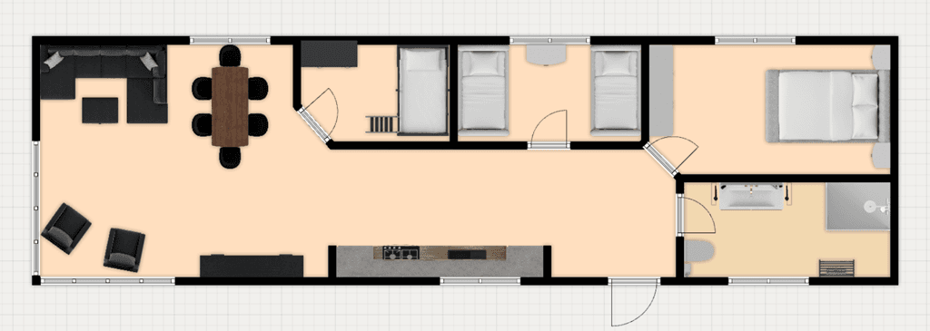 Plattegrond van een vakantiewoning met woonkamer, eetruimte, drie slaapkamers en een badkamer.