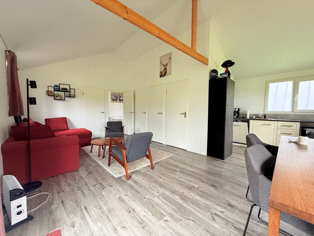 Woonkamer met een zithoek, eettafel, open keuken en grote raampartijen voor natuurlijk licht.