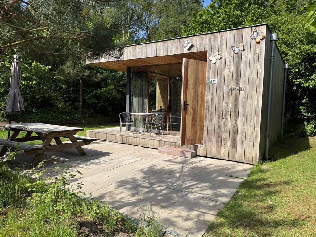 Moderne houten vakantiewoning met een terras, tafel, stoelen en een groene omgeving in EuroParcs De Wije Werelt.
