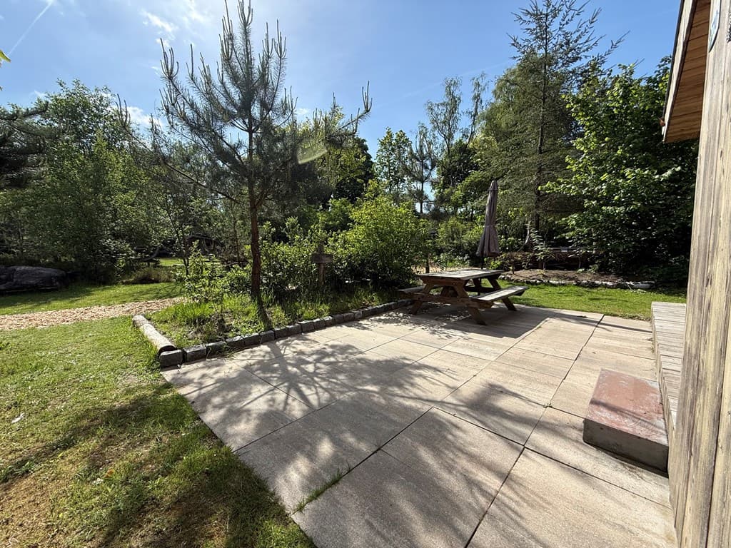 Tuin met stenen terras, picknicktafel en groen omgeven door bomen en struiken bij EuroParcs De Wije Werelt