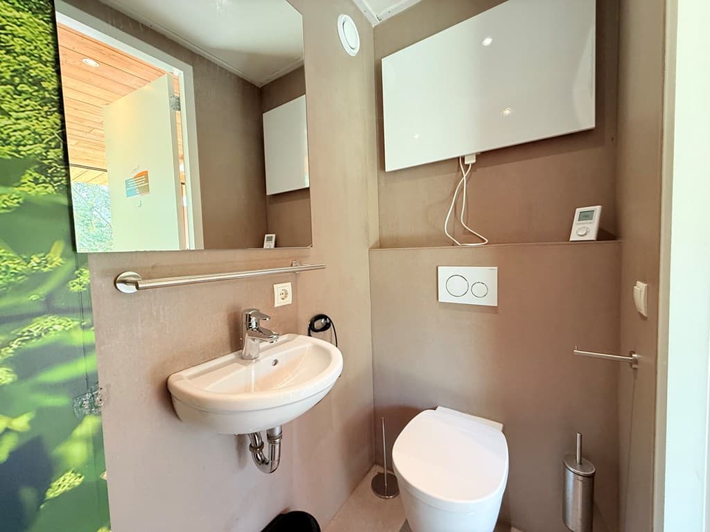 Klein toilet met wastafel, spiegel en moderne wanddecoratie in neutrale kleuren.