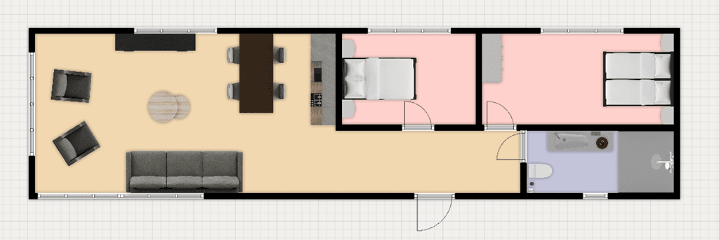 Plattegrond van een woning met woonkamer, eetruimte, twee slaapkamers en een badkamer