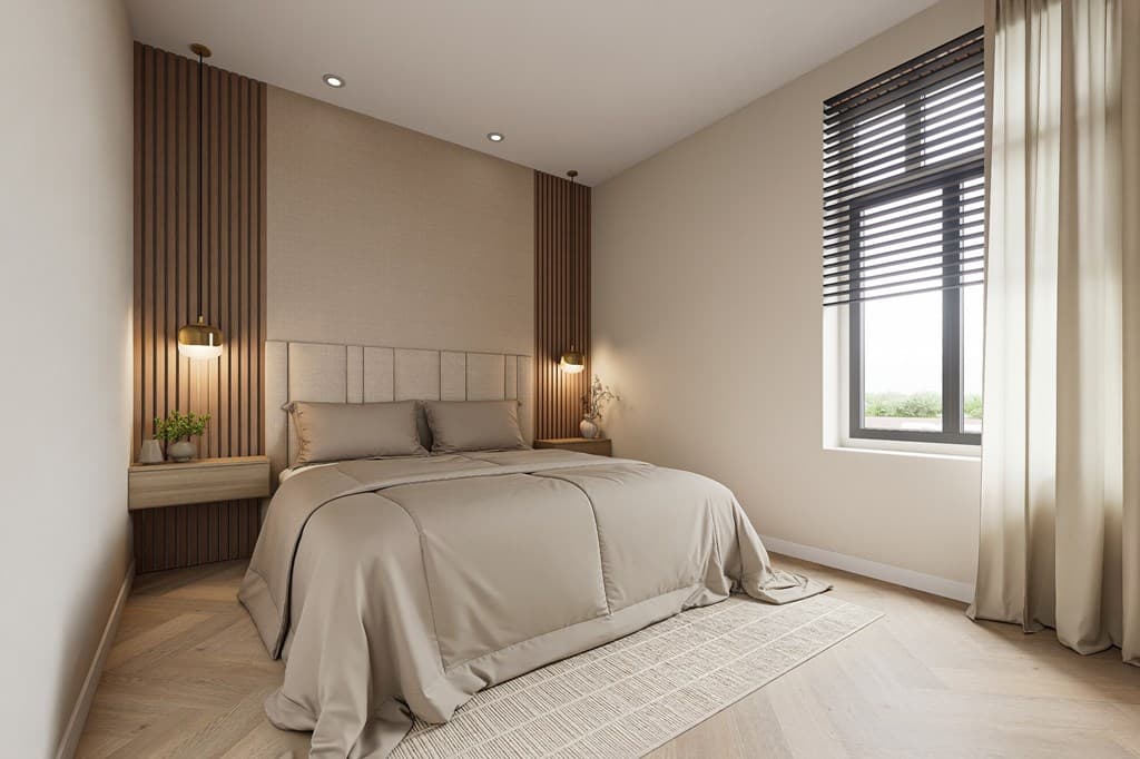Slaapkamer met een bed met taupe beddengoed, houten wanden en een raam met lamellen.