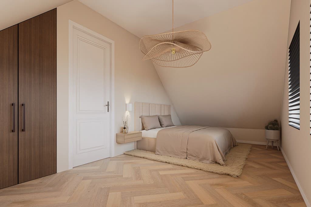 Sfeervolle slaapkamer met een bed, modern nachtkastje en kledingkast, lichte kleuren en een vloerkleed op een houten vloer