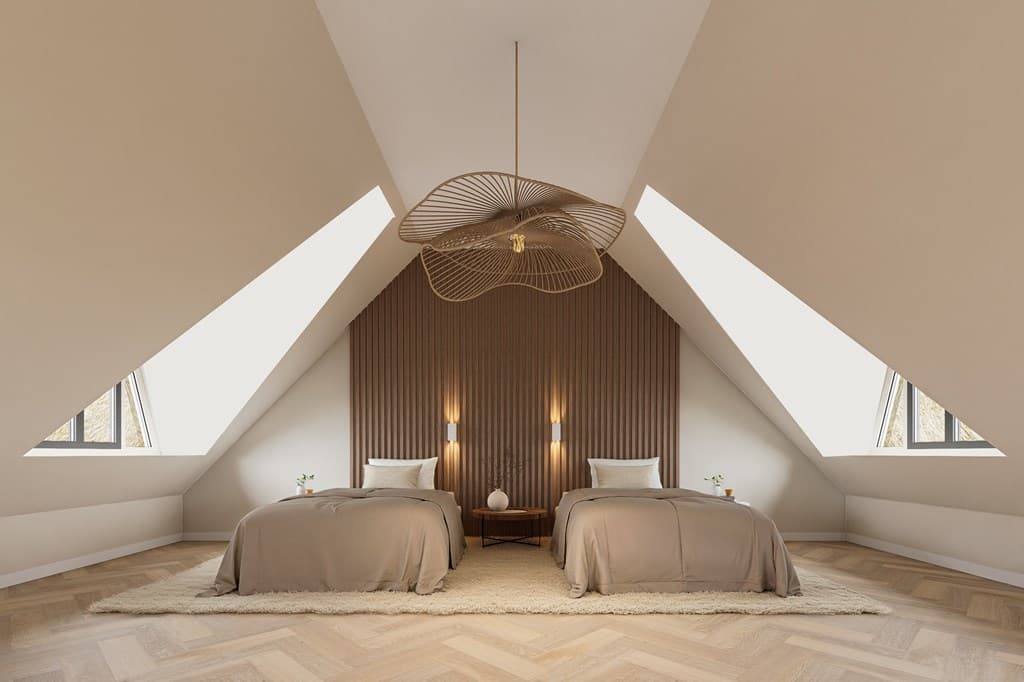 Slaapkamer met twee eenpersoonsbedden, houten vloer en moderne lampen onder een schuine, lichte zolderruimte.