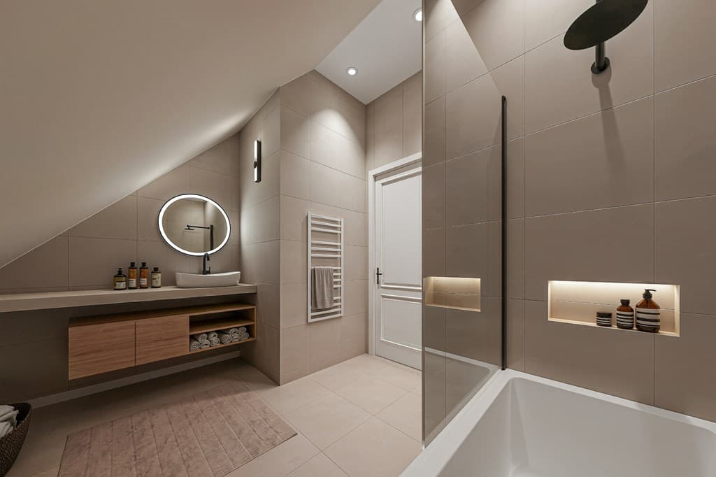 Moderne badkamer met een ligbad, wastafel met grote spiegel en stijlvolle wand- en vloertegels.