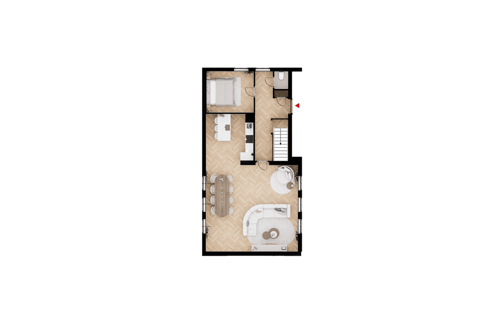 Plattegrond van een woning met een woonkamer, eetkamer, keuken en slaapkamers, voorzien van een open indeling en een trap.