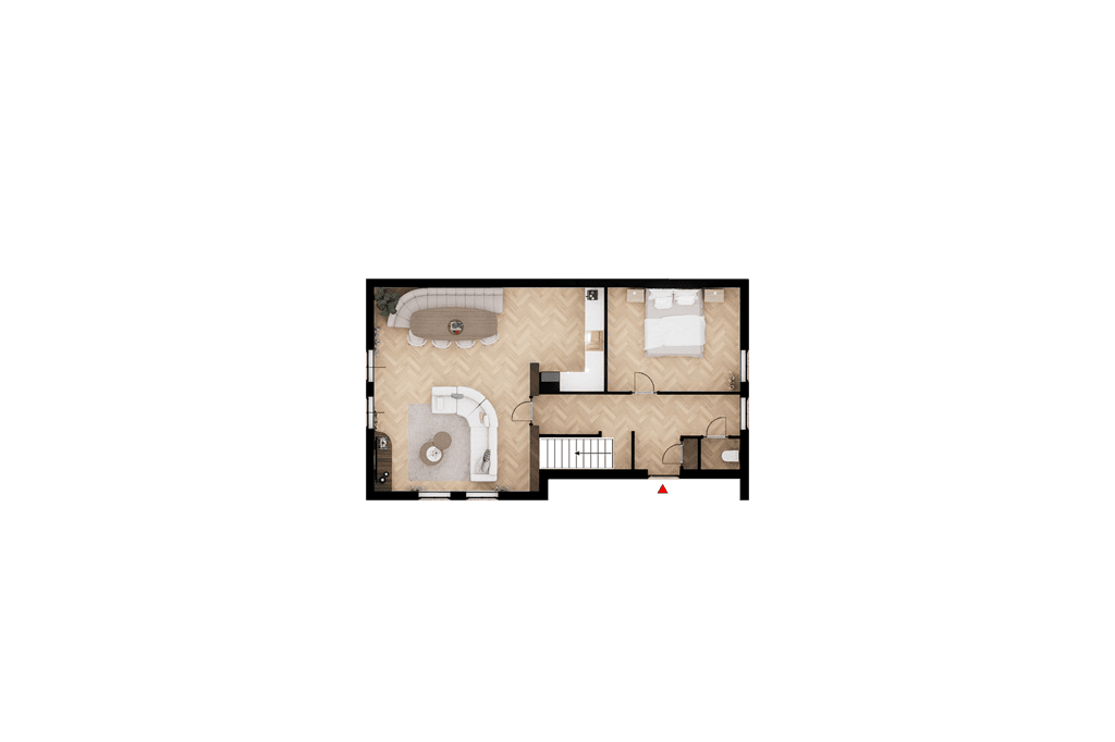 Plattegrond van de woning met een open woonkamer, twee slaapkamers en een badkamer zichtbaar.