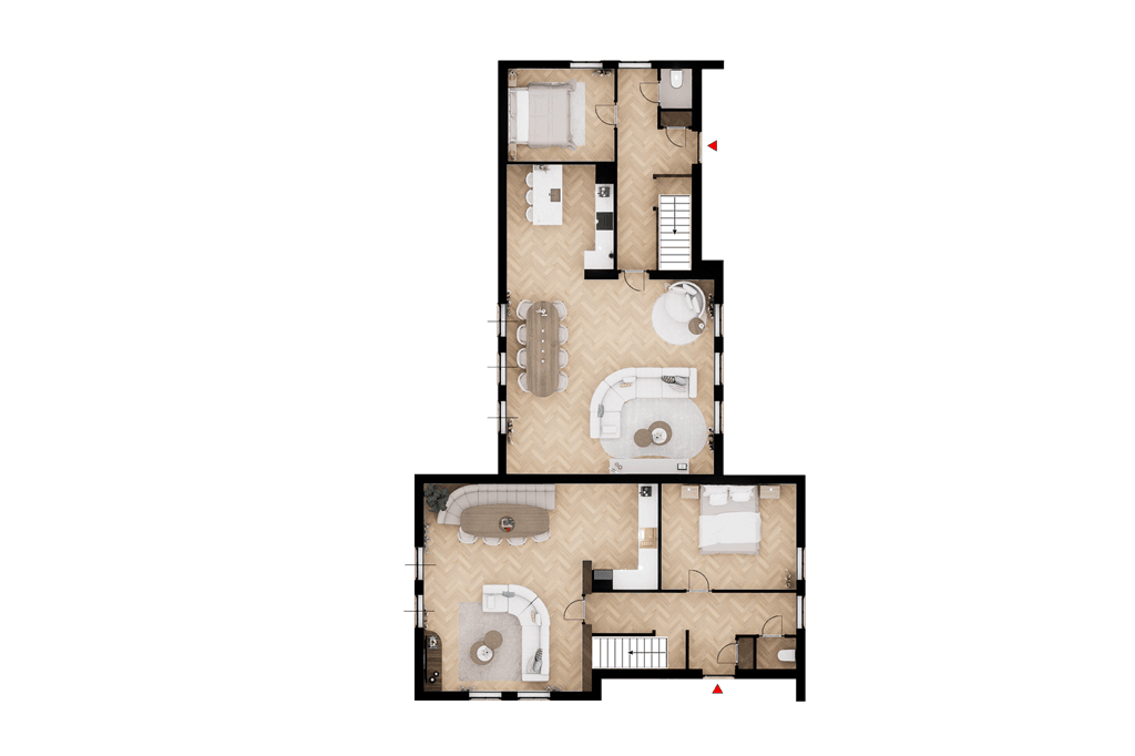 Plattegrond van de woning met indeling van kamers, waaronder woonruimte, slaapkamers en keuken.