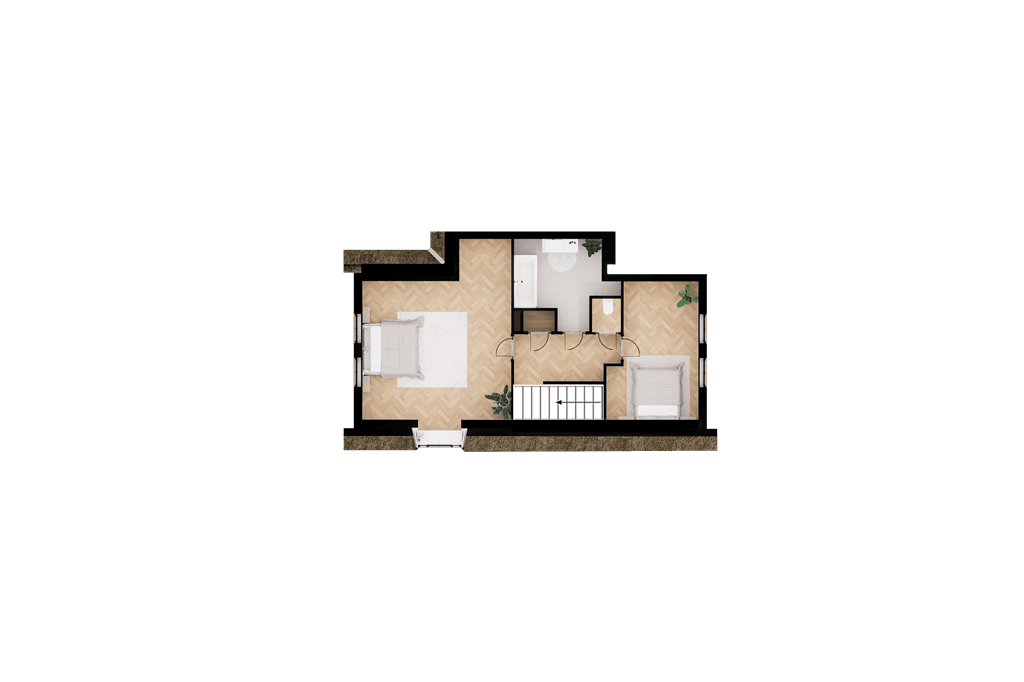 Plattegrond van een woning met woonkamer, slaapkamer, badkamer en gang, voorzien van lichte kleuren en houten vloeren