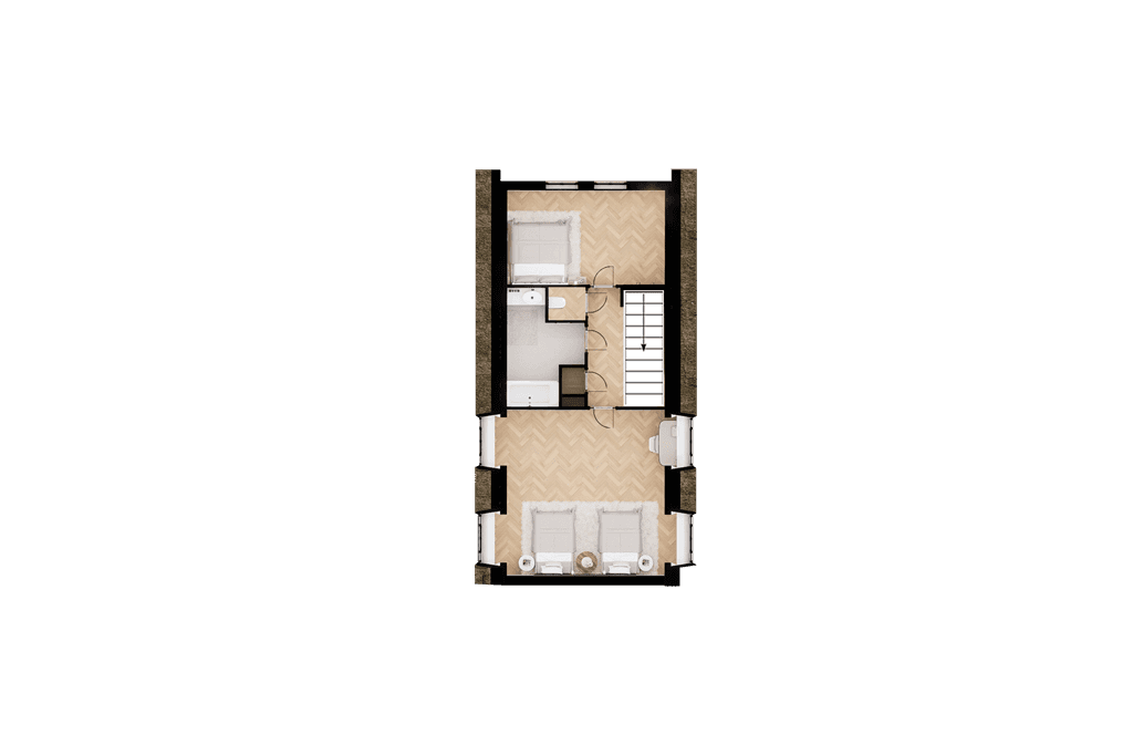 Plattegrond van de woning met kamers, keuken en zithoek duidelijk zichtbaar.