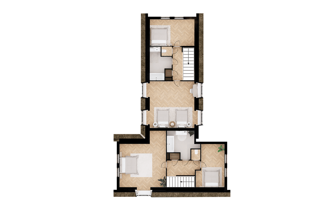 Plattegrond van een woning met verschillende vertrekken, waaronder een woonkamer, keuken, slaapkamers en badkamer.