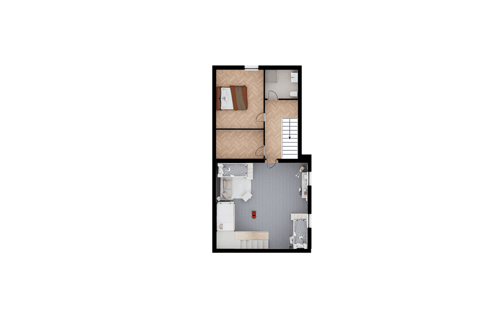 Plattegrond van een woning met een slaapkamer, woonkamer en keuken, eenvoudig ingedeeld met zichtbaar meubilair.