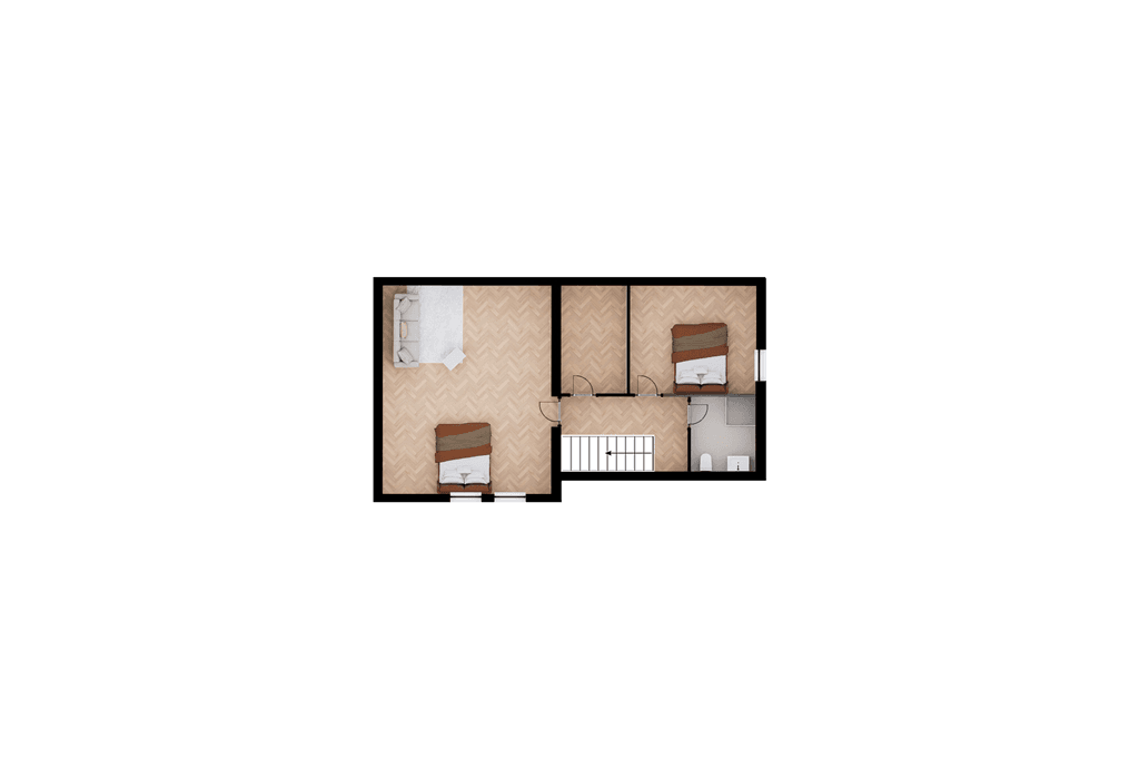 Plattegrond van de woning met twee slaapkamers, een gang en een badkamer, ingericht met bedden en meubels.