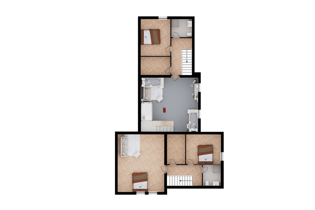 Plattegrond van een woning met twee slaapkamers, een ruime woonkamer en een keuken in het midden.