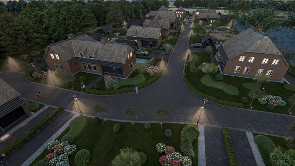 Overzicht van een rustige buurt met woningen, groene tuinen en straatverlichting langs een verkeersstraat
