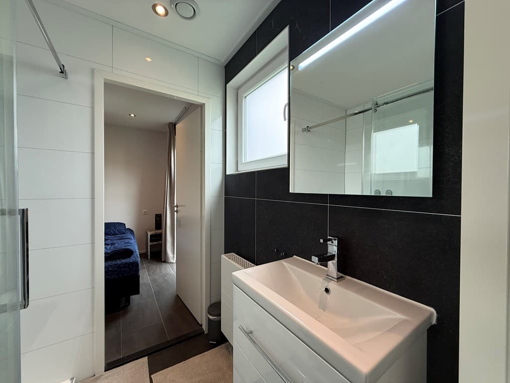 Moderne badkamer met wastafel, spiegel en douche, daarnaast toegang tot een slaapkamer met een blauwe bank.