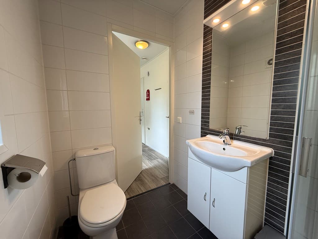 Moderne badkamer met toilet, wastafel en spiegel, witte en donkere betegeling, toegang tot een andere ruimte.