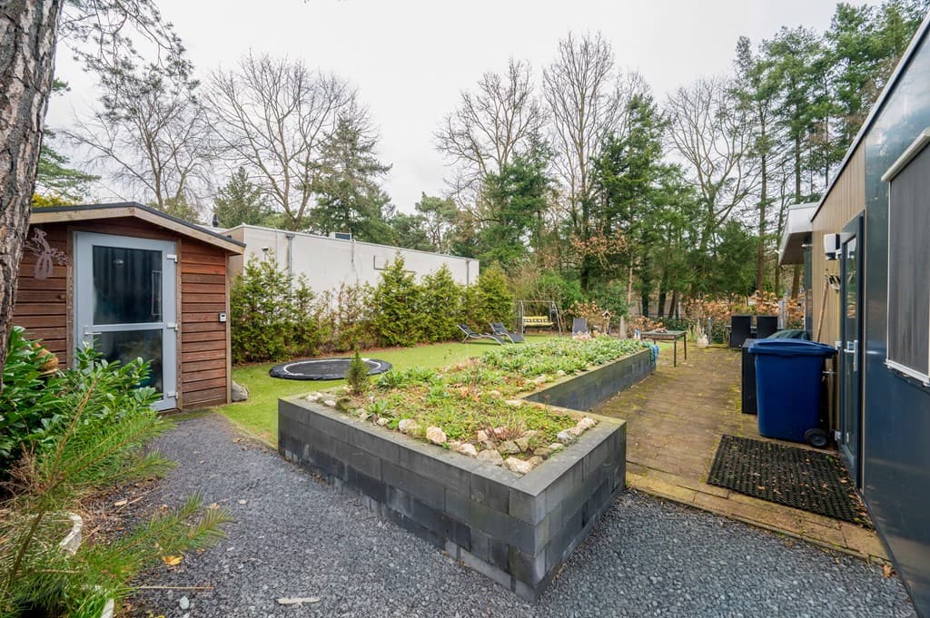 Tuin met struiken, gras en een verharde pad naar een houten berging en recreatiewoning omgeven door bomen