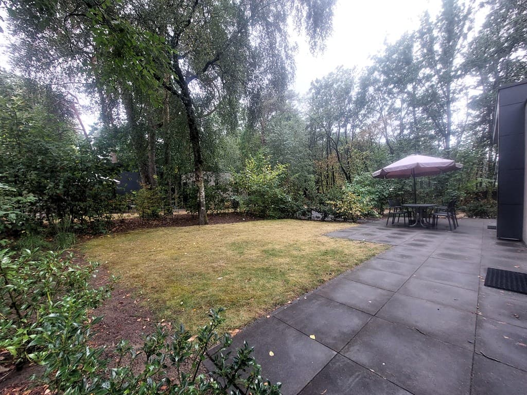 Tuin met gras en bestrating, voorzien van een tafel met stoelen en een parasol, omringd door bomen en struiken.