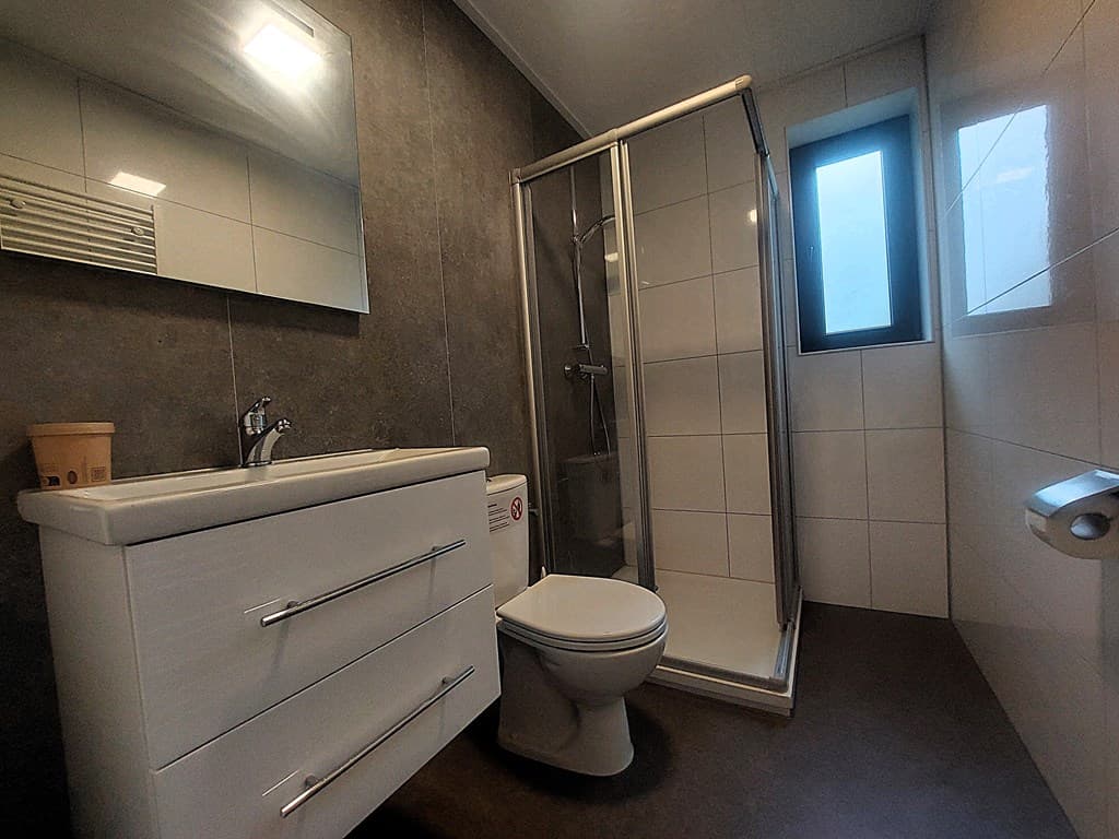 Moderne badkamer met douche, wastafel en toilet, betegelde wanden en een raam voor natuurlijk licht