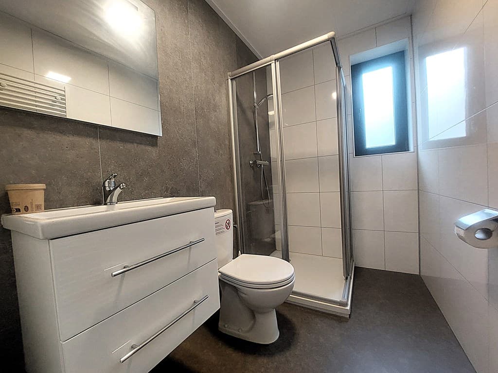Moderne badkamer met douche, wastafel met spiegel en wandtoilet, lichte tegels en een klein raampje.