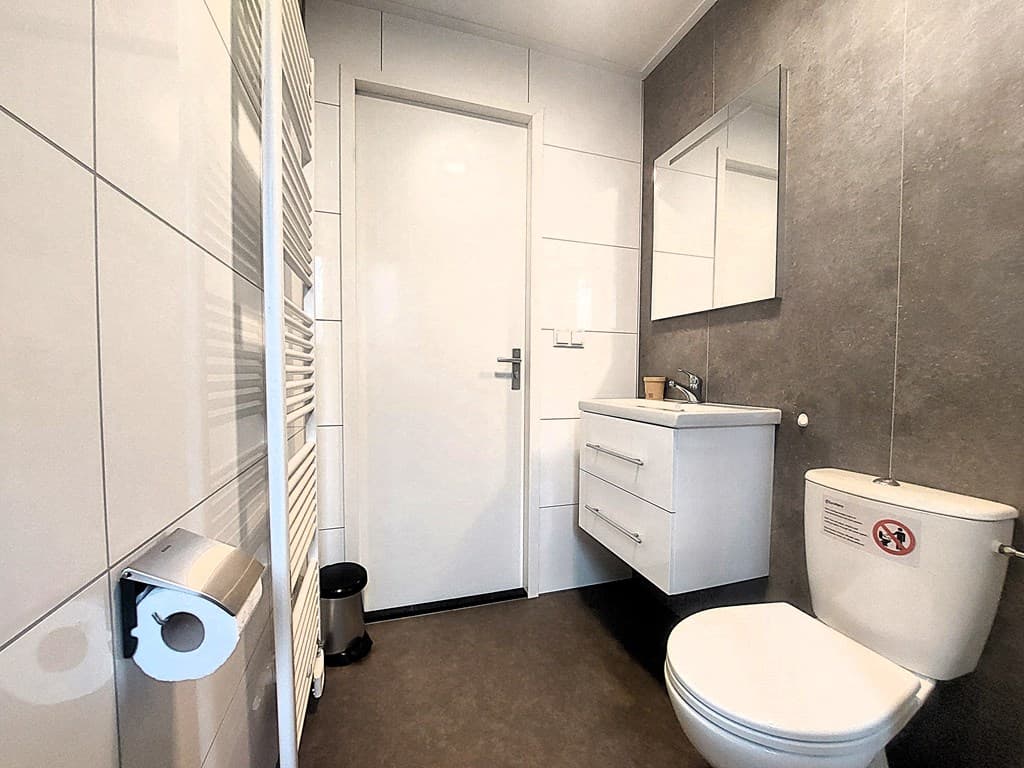 Moderne badkamer met wandtegels, wastafel met spiegel, toilet en handdoekenradiator.